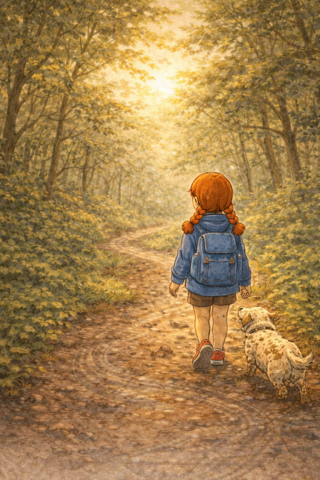 Illustration of a girl with red hair walking a dog on a path through a forest.