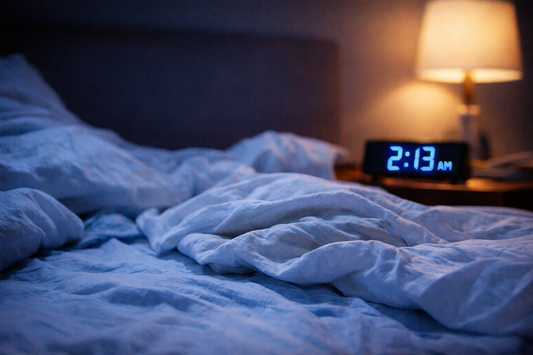 Unmade bed with rumpled white blankets in a dim bedroom at night, a glowing digital clock reading 2:13 a.m. on the bedside table beside a warm lamp.