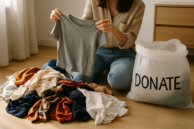 A person sits on the floor sorting old clothes, holding up a small gray shirt beside a full donation bag labeled "DONATE."