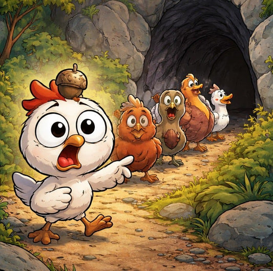 wide-eyed chicken with an acorn on his head leading a nervous group of farm animals down a forest path toward a dark cave entrance surrounded by rocks and greenery.