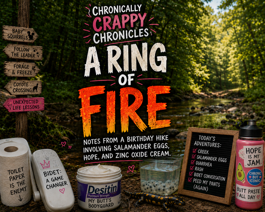 Humorous forest-themed cover for Chronically Crappy Chronicles: A Ring of Fire, featuring salamander eggs, a creek, Desitin, a bidet remote, funny trail signs, and a checklist of mishaps from a chaotic but wonderful birthday hike.