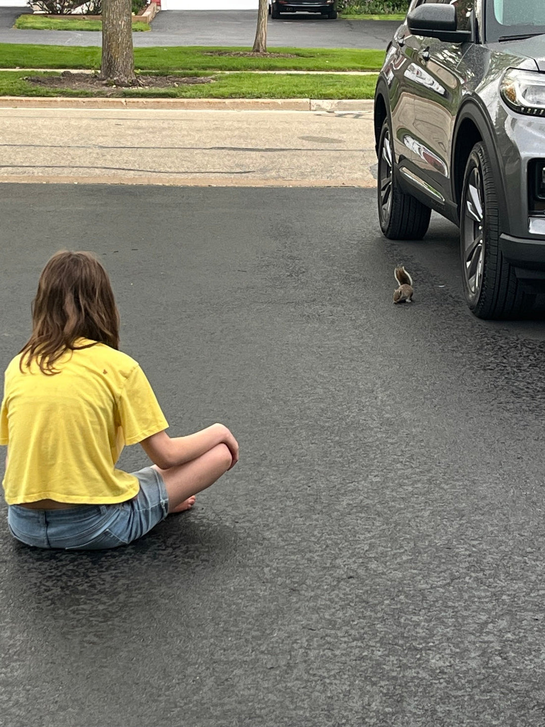 A young girl sits on a rain-soaked driveway studying a baby squirrel with a crooked foot, watching its every move like a wildlife researcher conducting an important field study.