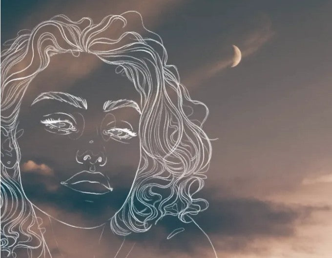 A soft, moody sky at dusk with a crescent moon hanging in the distance, overlaid with a delicate white line drawing of a woman’s face with wavy hair, blending into the clouds like a quiet, reflective presence.