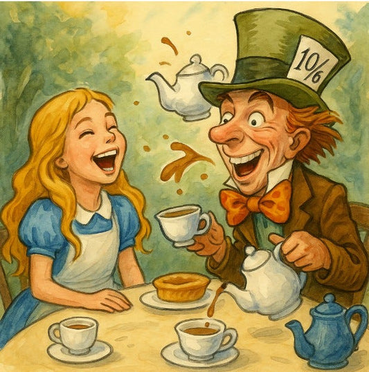 An illustrated scene from Alice in Wonderland showing Alice and the Mad Hatter laughing together at a tea table. Teapots and cups spill tea midair, creating a whimsical, chaotic moment.