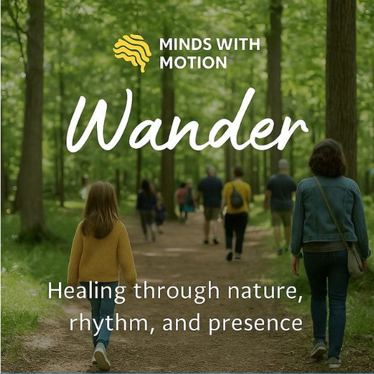 People walking along a forest path during a Wander event by Minds with Motion, promoting healing through nature, rhythm, and presence