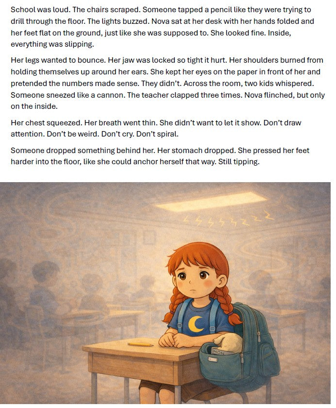 Illustration of a girl sitting at a desk in a classroom with text overlay.