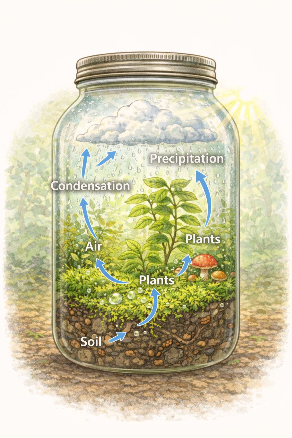 Illustration of a closed ecosystem inside a jar showing the water cycle.