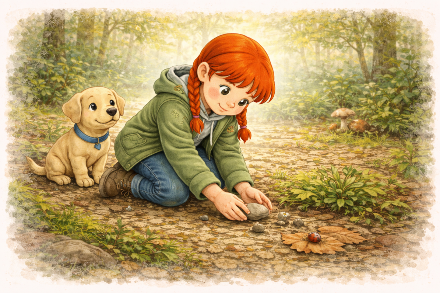 Illustration of a girl with red hair and a dog sitting on a path in a forest.