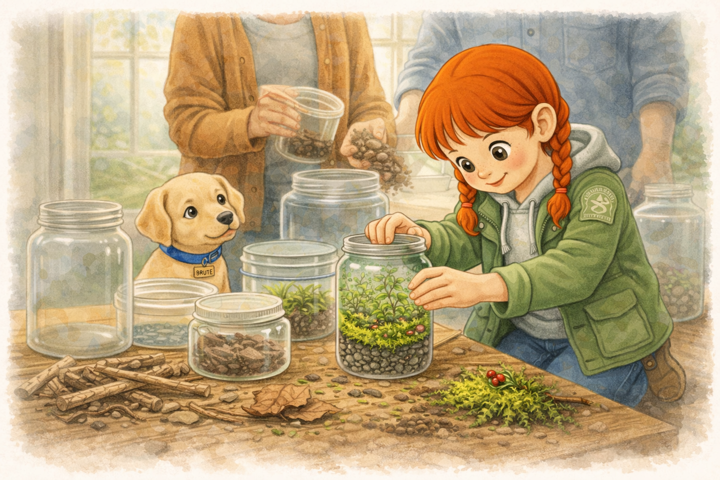 Illustration of a girl with red hair organizing jars on a table with a dog and people in the background.