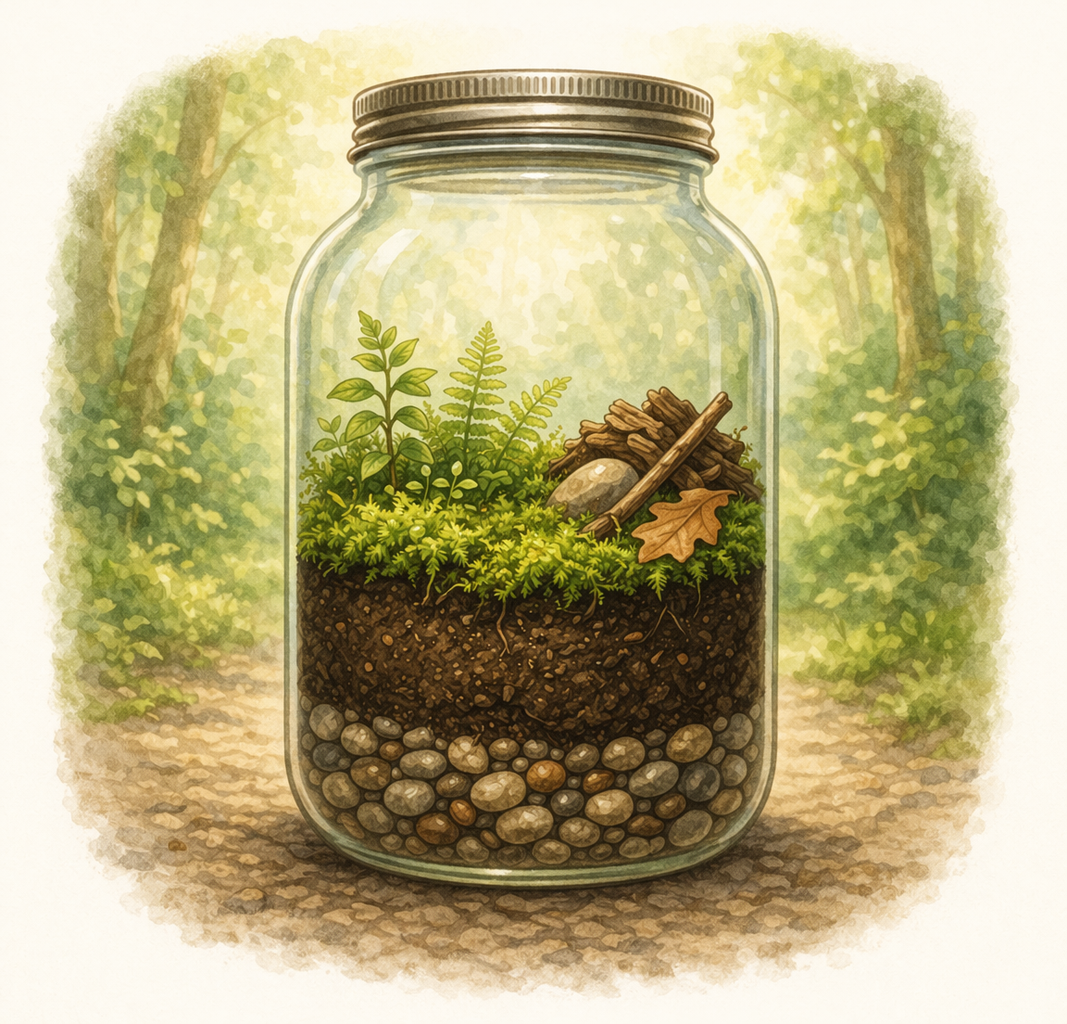 Glass jar with a miniature forest inside, surrounded by a forest background