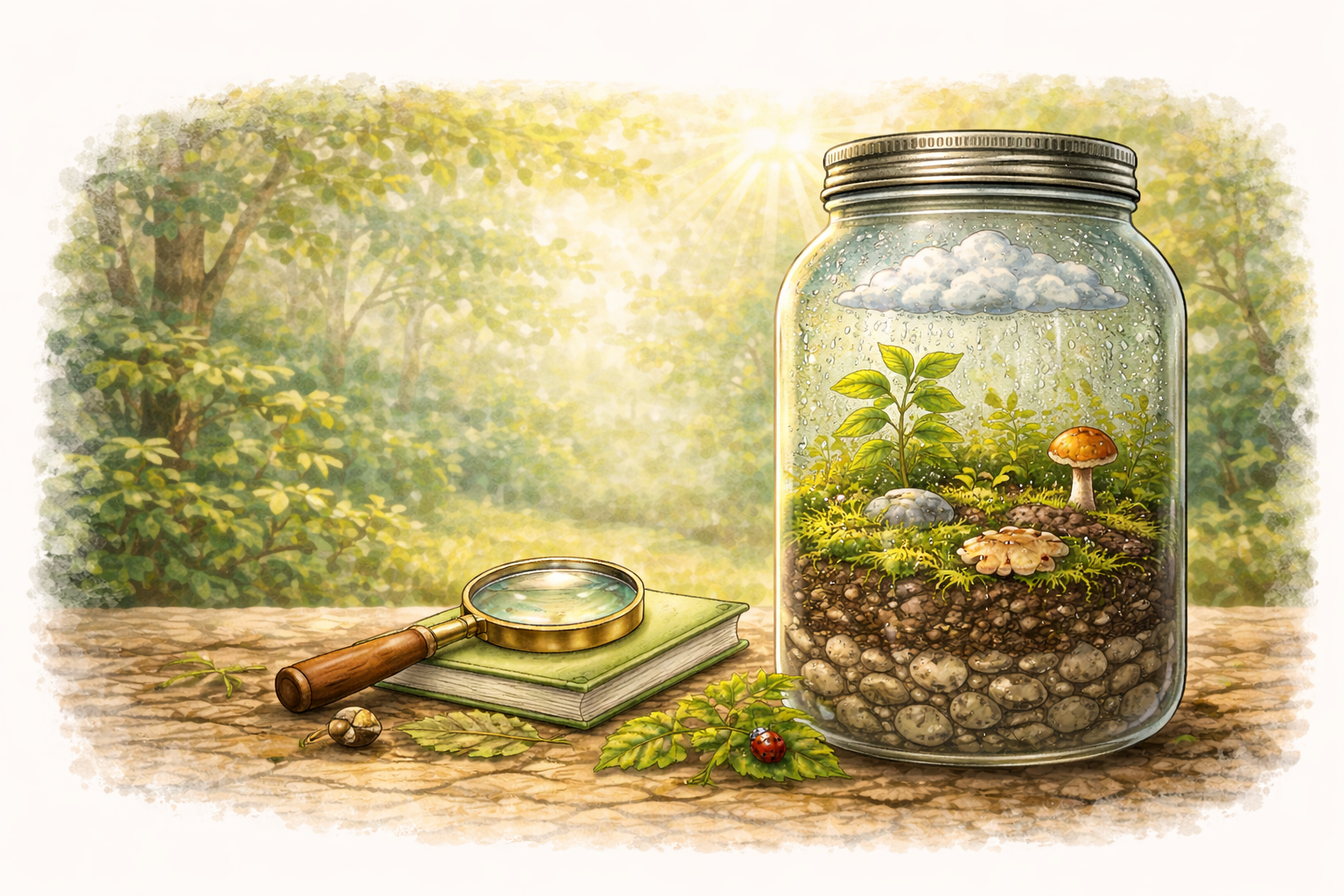 Illustration of a jar with a miniature landscape, magnifying glass, and book on a wooden surface with a forest background.