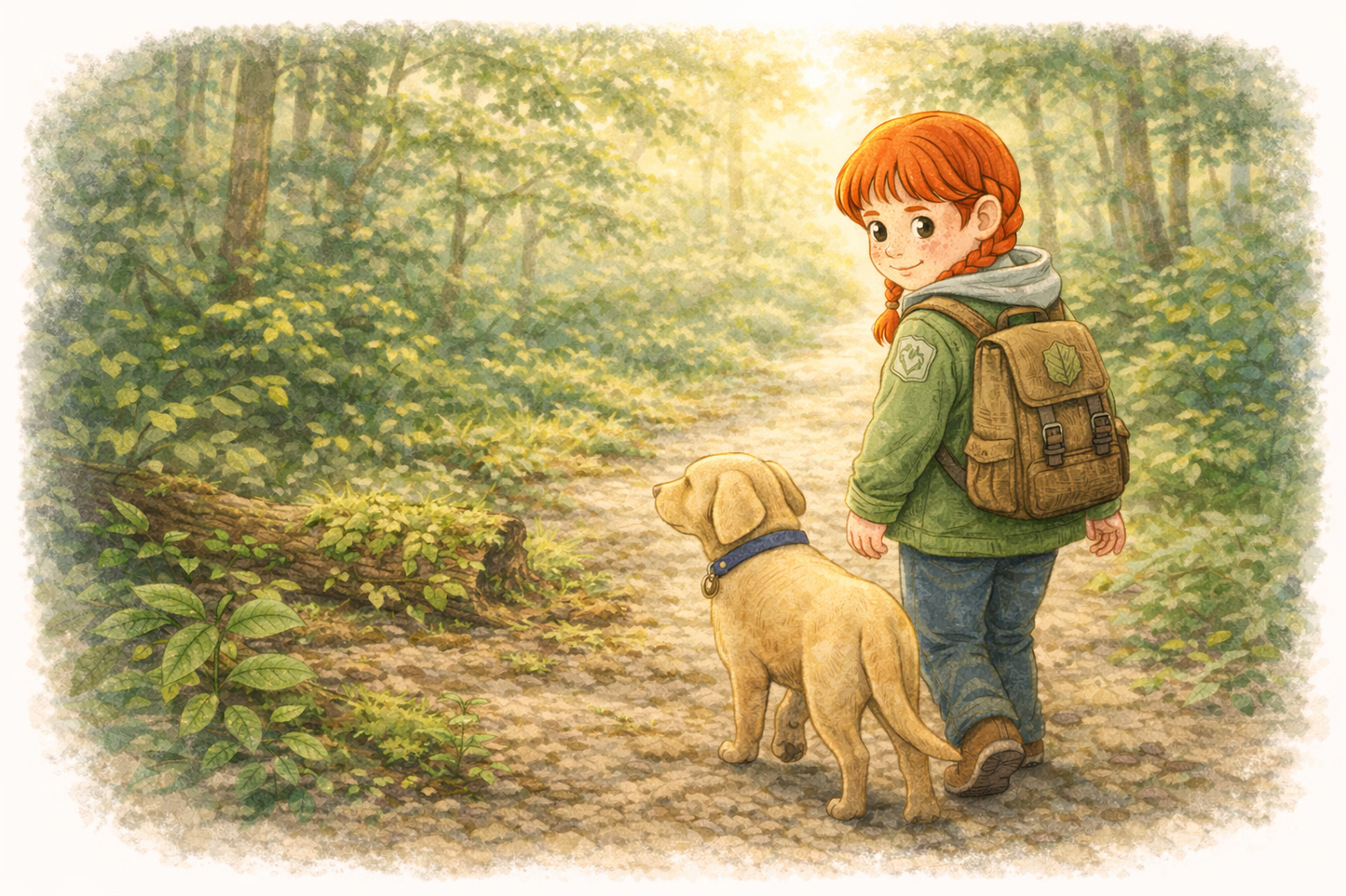 Illustration of a child with a backpack walking a dog in a forest