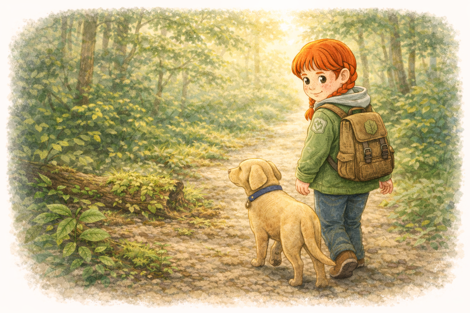 Illustration of a child with a backpack walking a dog in a forest