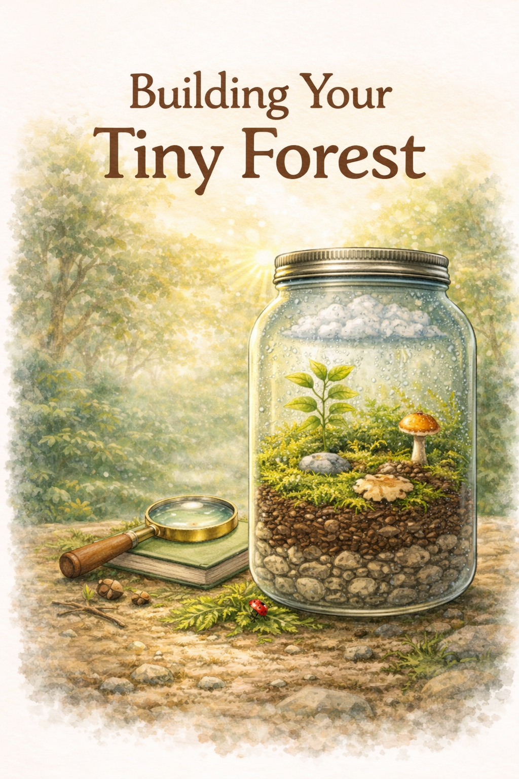 Illustration of a jar with a miniature forest inside, surrounded by nature-themed elements.