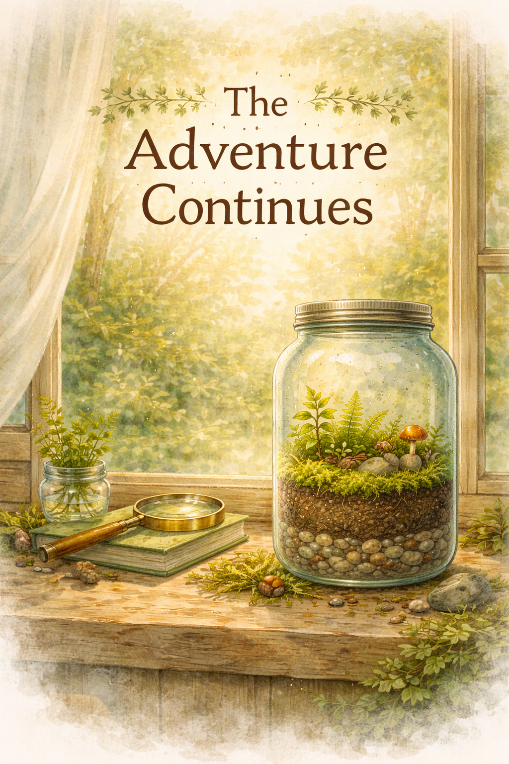 Mason jar with miniature landscape, book, and magnifying glass on a windowsill with 'The Adventure Continues' text.