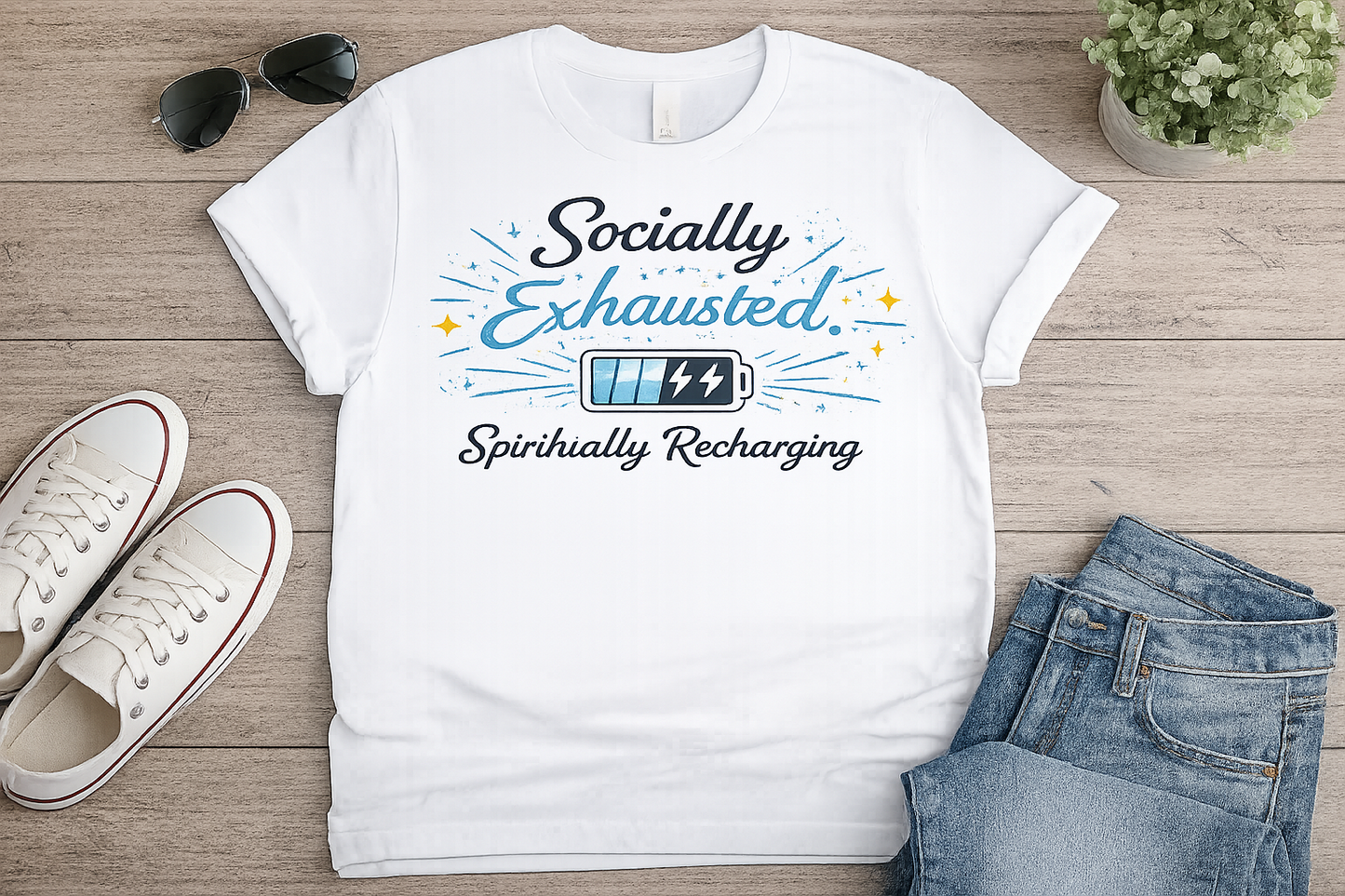 Socially Exhausted. Spiritually Recharging. White Tshirt