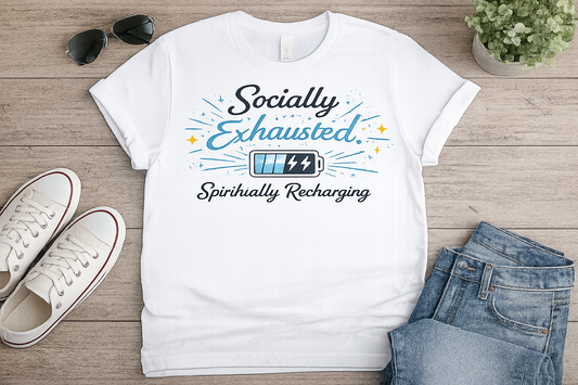 Socially Exhausted. Spiritually Recharging. White Tshirt