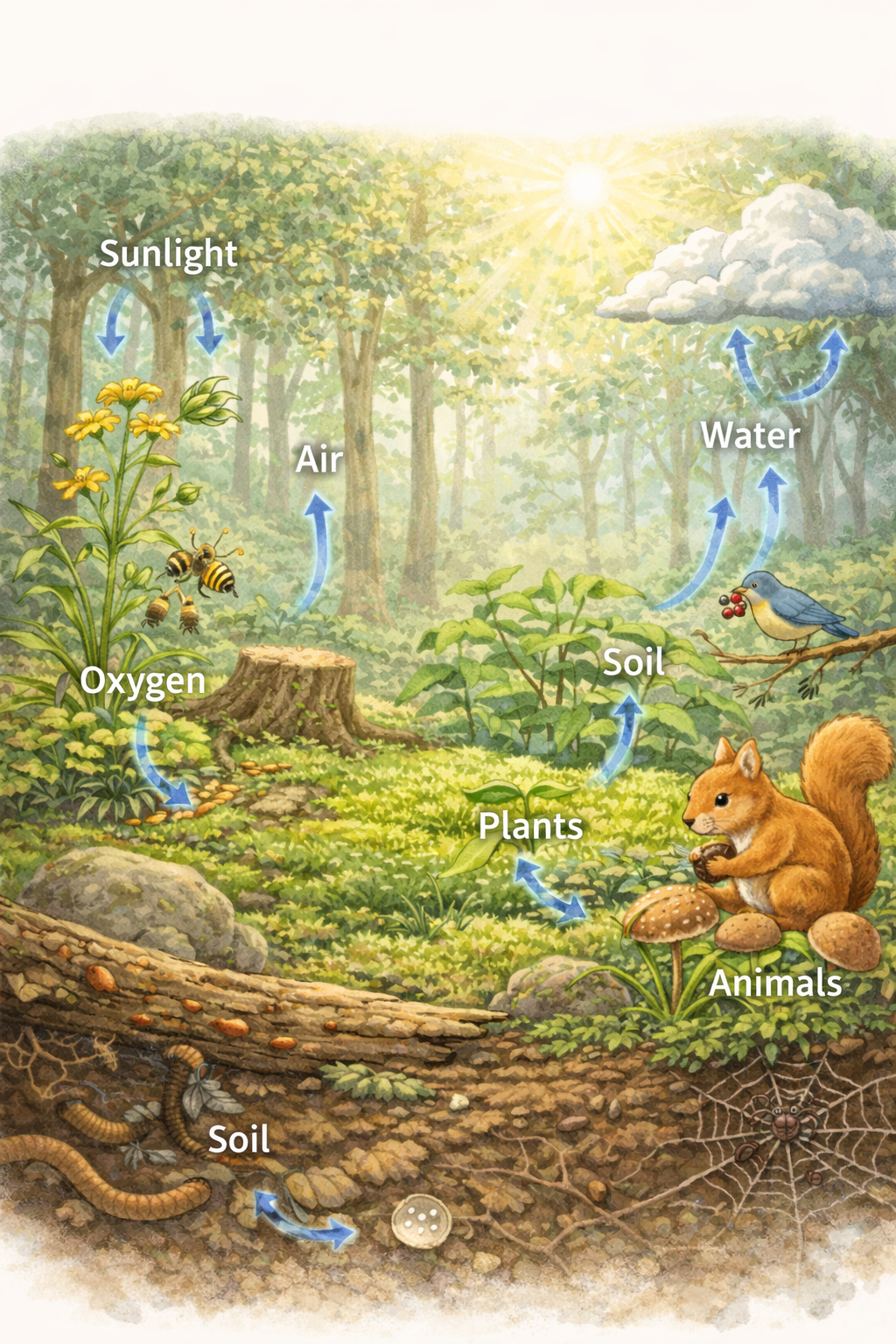 Diagram of a forest ecosystem showing the flow of sunlight, air, water, oxygen, plants, soil, and animals.