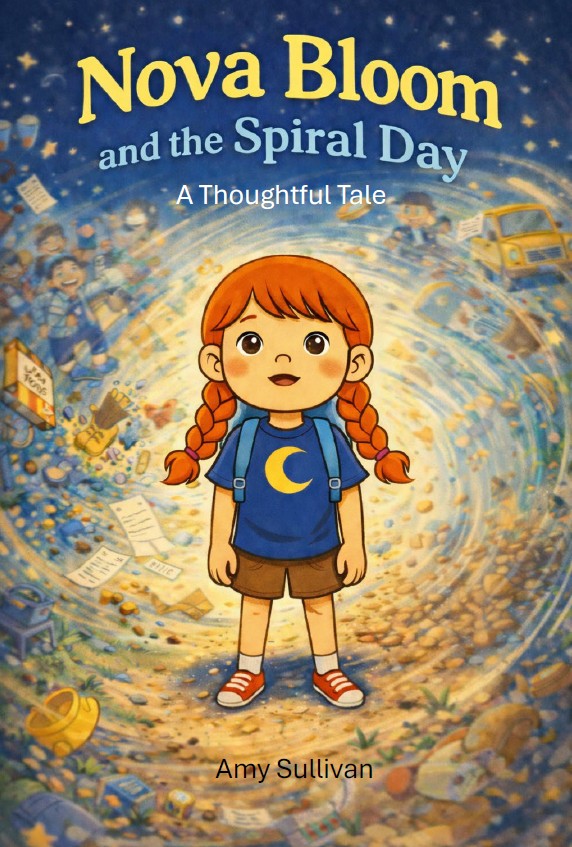 Book cover of 'Nova Bloom and the Spiral Day' with a girl standing in the center.