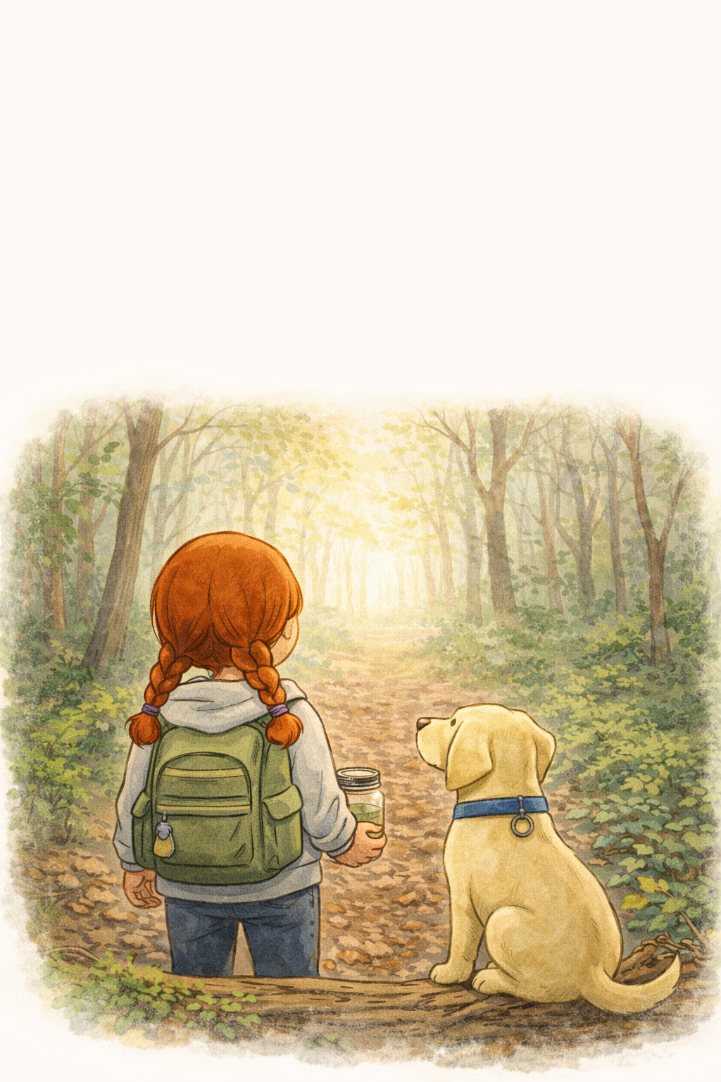 Illustration of a girl with a dog walking through a forest