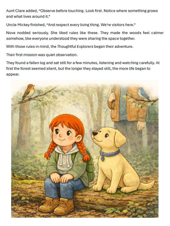 Illustration of a girl with red hair and a dog sitting on a log in a forest, with text above them.