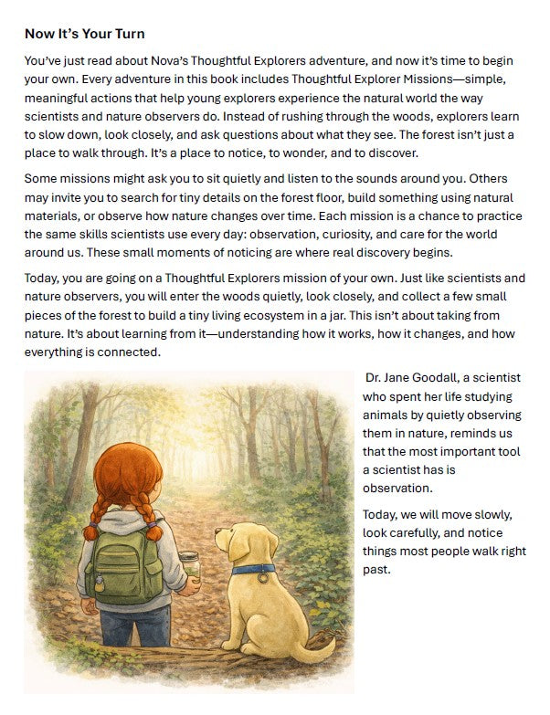 Text and illustration of a girl with red hair and a dog walking through a forest, with a quote about observation and nature.