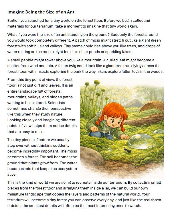 Text describing the experience of imagining a tiny world as an ant, with a girl in a forest and ant in the foreground.