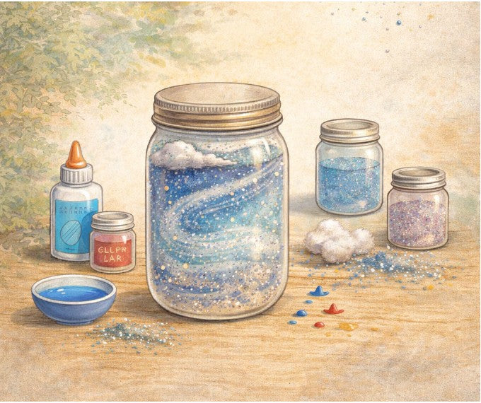Illustration of jars with cloud-like contents on a wooden surface