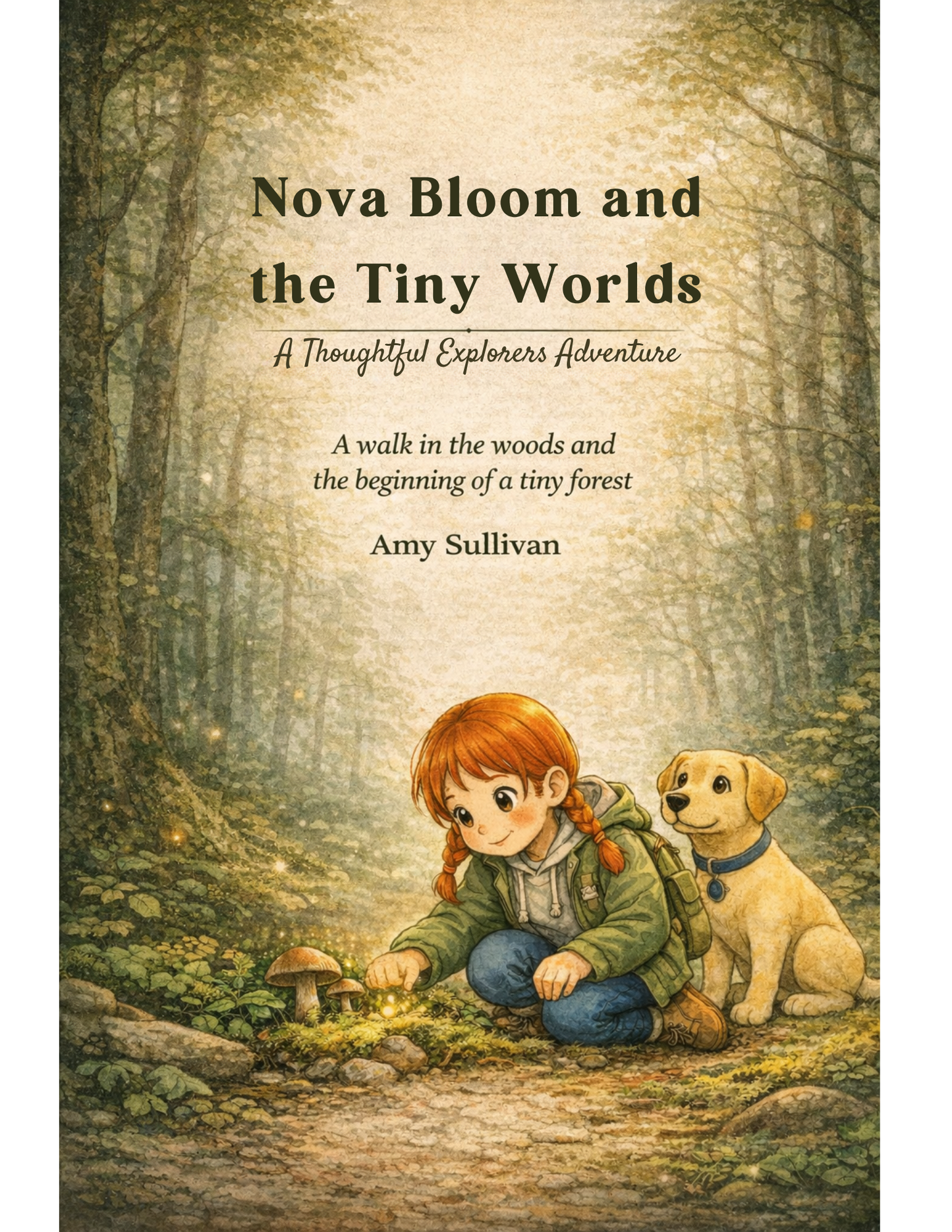Book cover of 'Nova Bloom and the Tiny Worlds' with a girl and dog in a forest