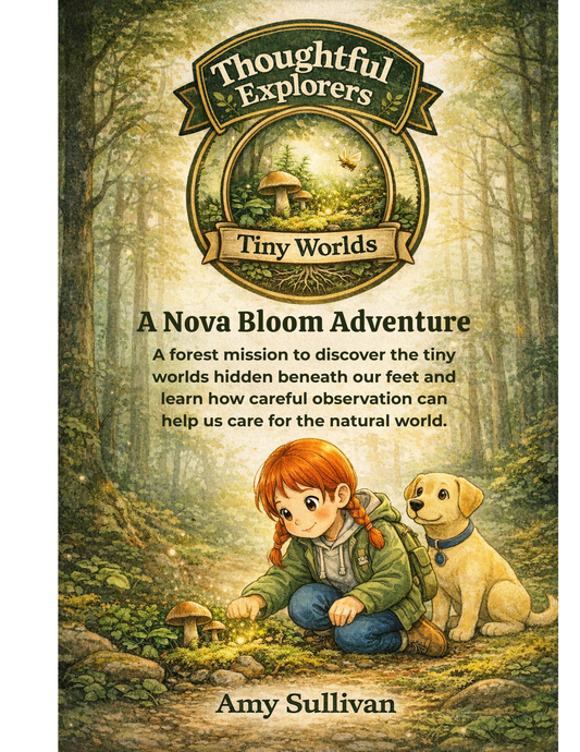 Book cover of 'A Nova Bloom Adventure' featuring a girl and dog in a forest setting.
