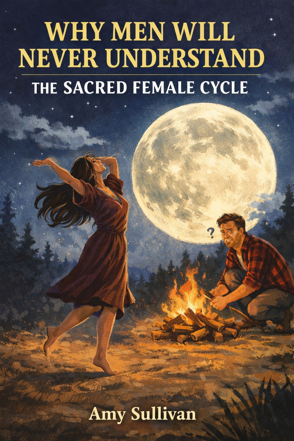 Book cover of Why Men Will Never Understand the Sacred Female Cycle explaining hormonal cycles, mood changes, and women’s monthly rhythms
