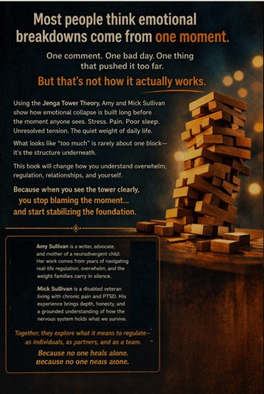 Jenga tower with text about emotional breakdowns and a book recommendation.