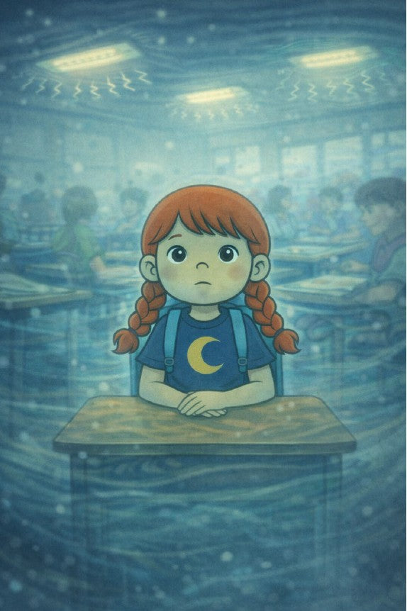 Illustration of a girl with braided hair sitting at a desk in a classroom.